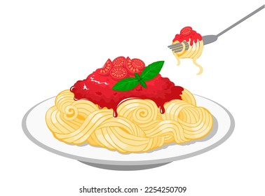 Plate of spaghetti or tagliatelle with tomato sauce and basil, pasta at fork. Classic pasta dish, vector illustration.