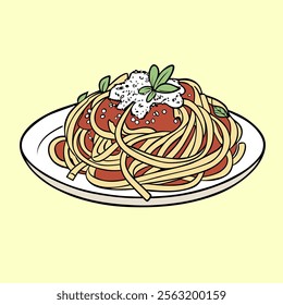 Plate of Spaghetti With Tomato Sauce, Cheese, and Herbs Illustration.