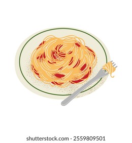 Plate of spaghetti with tomato sauce and fork. Traditional Italian pasta dish perfect for food designs, recipes, and menus. Flat vector illustration, isolated on white background.