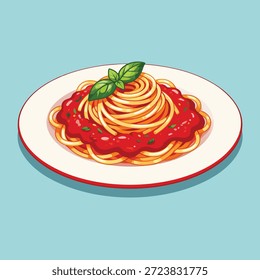 Um prato de espaguete coberto com molho de tomate rico e guarnecido com folhas frescas de manjericão, apresentado em uma placa branca com uma borda vermelha.