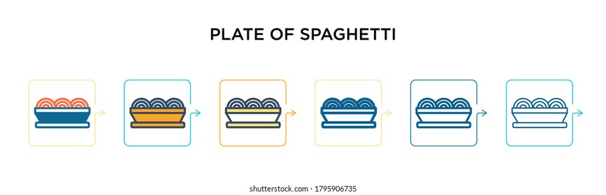 Plate of spaghetti vector icon in 6 different modern styles. Black, two colored plate of spaghetti icons designed in filled, outline, line and stroke style. Vector illustration can be used for web, 