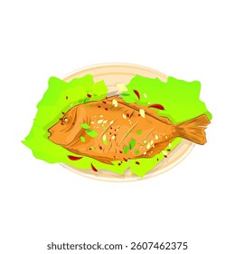 a plate of spicy grilled fish with vegetables without background