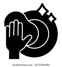 Plate and sponge in hand solid icon, Hygiene routine concept, Dishwashing sign on white background, Hand cleaning dishes with sponge icon in glyph style for mobile and web. Vector graphics