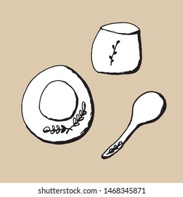 plate, spoon and cup. Vector hand drawn isolated objects. Icons in sketch style. 