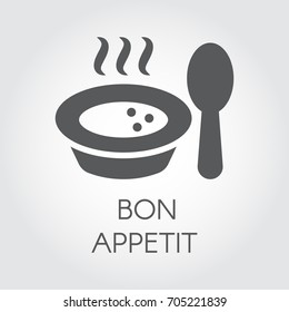 Plate with spoon flat icon. Portion of hot food with steam and wish bon appetit. Label for culinary design needs - sticker, books, pictogram for sites, apps and other projects. Vector illustration