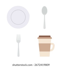 Un plato, una cuchara, un tenedor y una taza de café están dispuestos sobre una superficie blanca. Los objetos son simples y limpios.