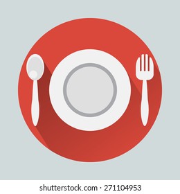 Plate with spoon and fork flat icon.Vector illustration flat design with long shadow.