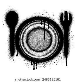 Plate, spoon and fork graffiti with black spray paint. vector illustration.
