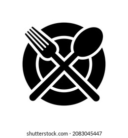 Symbol für Plate, Löffel und Gabel. Schwarze runde Silhouette. Draufsicht. Vektorgrafik, einfache flache Grafik. Das einzelne Objekt auf weißem Hintergrund. Isolieren.