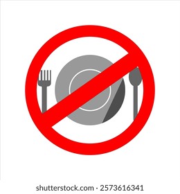 Plate and spoon fork icon marked prohibited, illustration of prohibited eating during fasting