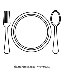 Plate, spoon and fork icon. Outline illustration of plate, spoon and fork vector icon for web