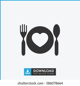 plate with spoon and fork icon. Simple filled plate with spoon and fork icon. On white background.