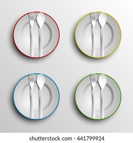 Plate, spoon and fork isolated on napkin background. Canteen icon. dining room badge. buffet icon. Here you can eat picture. Fast food restaurant badge. Vector illustration
