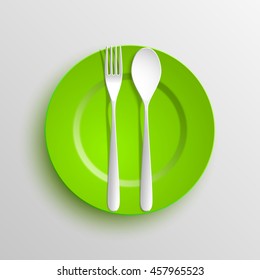 Plate, spoon and fork isolated on napkin background. Canteen icon. dining room badge. buffet icon. Here you can eat picture. Fast food restaurant badge. Vector illustration