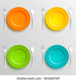 Plate, spoon and fork isolated on napkin background. Canteen icon. dining room badge. buffet icon. Here you can eat picture. Fast food restaurant badge. Vector illustration
