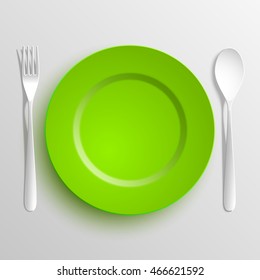 Plate, spoon and fork isolated on napkin background. Canteen icon. dining room badge. buffet icon. Here you can eat picture. Fast food restaurant badge. Vector illustration