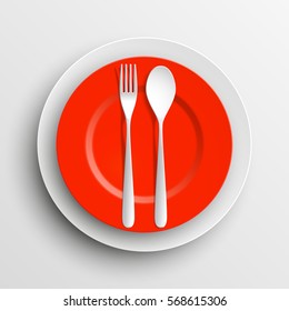 Plate, spoon and fork isolated on napkin background. Canteen icon. dining room badge. buffet icon. Here you can eat picture. Fast food restaurant badge. Vector illustration