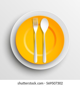 Plate, spoon and fork isolated on napkin background. Canteen icon. dining room badge. buffet icon. Here you can eat picture. Fast food restaurant badge. Vector illustration