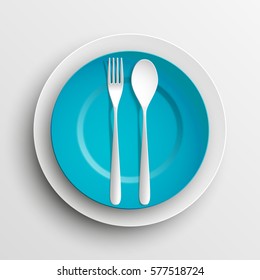 Plate, spoon and fork isolated on napkin background. Canteen icon. dining room badge. buffet icon. Here you can eat picture. Fast food restaurant badge. Vector illustration