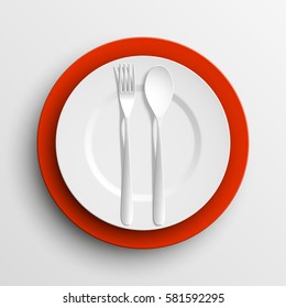 Plate, spoon and fork isolated on napkin background. Canteen icon. dining room badge. buffet icon. Here you can eat picture. Fast food restaurant badge. Vector illustration