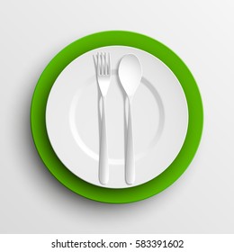 Plate, spoon and fork isolated on napkin background. Canteen icon. dining room badge. buffet icon. Here you can eat picture. Fast food restaurant badge. Vector illustration