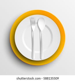 Plate, spoon and fork isolated on napkin background. Canteen icon. dining room badge. buffet icon. Here you can eat picture. Fast food restaurant badge. Vector illustration