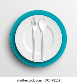 Plate, spoon and fork isolated on napkin background. Canteen icon. dining room badge. buffet icon. Here you can eat picture. Fast food restaurant badge. Vector illustration