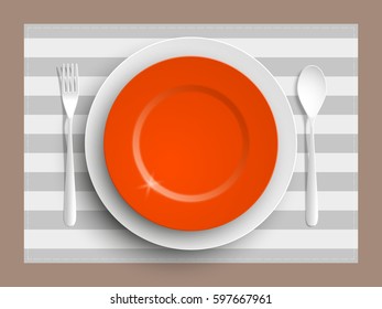 Plate, spoon and fork isolated on napkin background. Canteen icon. dining room badge. buffet icon. Here you can eat picture. Fast food restaurant badge. Vector illustration