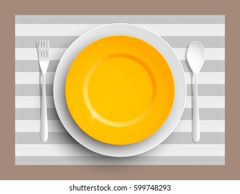 Plate, spoon and fork isolated on napkin background. Canteen icon. dining room badge. buffet icon. Here you can eat picture. Fast food restaurant badge. Vector illustration