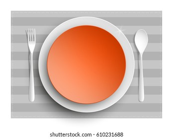 Plate, spoon and fork isolated on napkin background. Canteen icon. dining room badge. buffet icon. Here you can eat picture. Fast food restaurant badge. Vector illustration