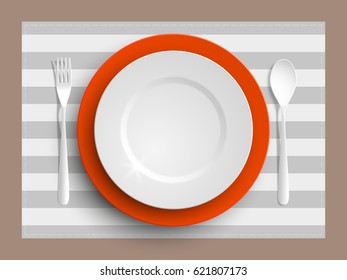 Plate, spoon and fork isolated on napkin background. Canteen icon. dining room badge. buffet icon. Here you can eat picture. Fast food restaurant badge. Vector illustration