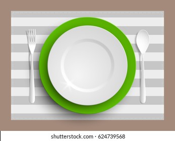 Plate, spoon and fork isolated on napkin background. Canteen icon. dining room badge. buffet icon. Here you can eat picture. Fast food restaurant badge. Vector illustration