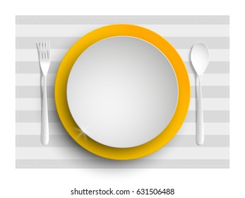 Plate, spoon and fork isolated on napkin background. Canteen icon. dining room badge. buffet icon. Here you can eat picture. Fast food restaurant plate badge. Vector illustration