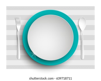 Plate, spoon and fork isolated on napkin background. Canteen icon. dining room badge. buffet icon. Here you can eat picture. Fast food restaurant plate badge. Vector illustration