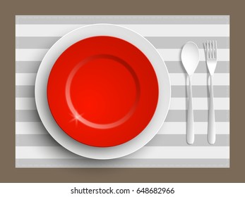 Plate, spoon and fork isolated on napkin background. Canteen icon. dining room badge. buffet icon. Here you can eat picture. Fast food restaurant plate badge. Vector illustration