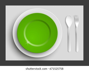 Plate, spoon and fork isolated on napkin background. Canteen icon. dining room badge. buffet icon. Here you can eat picture. Fast food restaurant plate badge. Vector illustration