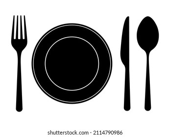 Plate, spoon, fork and knife. Cutlery on white background. Food icons for restaurant or cafe. Silverware in flat design. Tableware elements. Vector illustration.