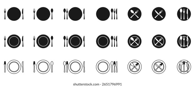 plate, spoon, fork and knife icon set vector illustration isolated on white background.