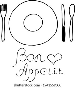 plate, spoon, fork, knife and lettering bon appetit. hand drawn doodle style. vector, minimalism, monochrome, sketch. template for card, poster, sticker. table set dishes food lunch cutlery