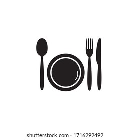 plate, spoon, fork and knife on white background. Vector illustration