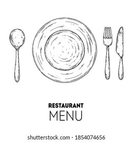 Plate, spoon, fork and knife sketch. Top view. Cutlery set. Hand drawn vector illustration. Vintage sketch. Table setting.