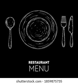 Plate, spoon, fork and knife sketch. Top view. Hand drawn vector illustration. Vintage sketch. Table setting.