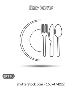 Plate, spoon, fork, knife - a symbol of the restaurant menu. Vector linear icon. Modern simple flat icon for website design, logo, application, user interface. Vector EPS10