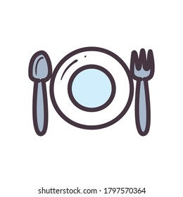 Teller mit Löffel- und Gabellinie und Füllstil-Icon-Design, Küche Koch essen und Essen Thema Vektorgrafik