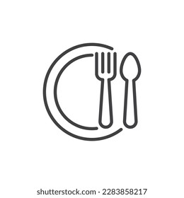 Plate spoon fork line icon. linear style sign for mobile concept and web design. Kitchen cutlery outline vector icon. Restaurant symbol, logo illustration. Vector graphics