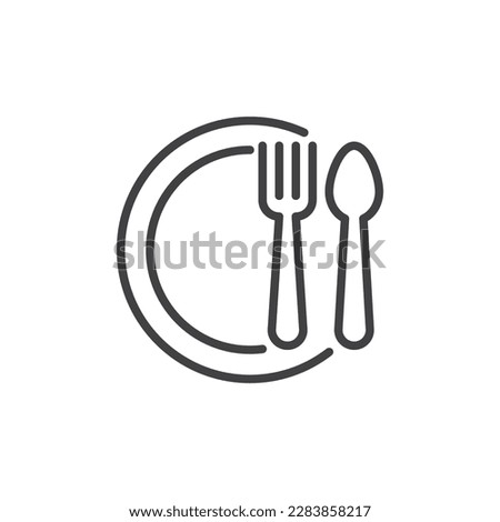 Plate spoon fork line icon. linear style sign for mobile concept and web design. Kitchen cutlery outline vector icon. Restaurant symbol, logo illustration. Vector graphics