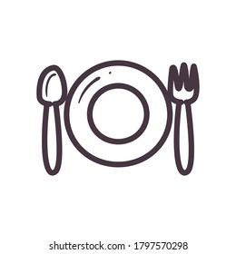 plate with spoon and fork line style icon design, Cook kitchen eat and food theme Vector illustration