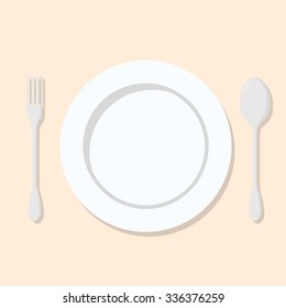 Plate with spoon and fork. On light background. Vector.