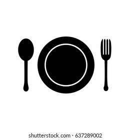 Plate, spoon, fork set icon. Flat design. Vector illustration. Black and white.