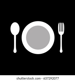 Plate, spoon, fork set icon. Vector illustration. White on black background. Flat design.